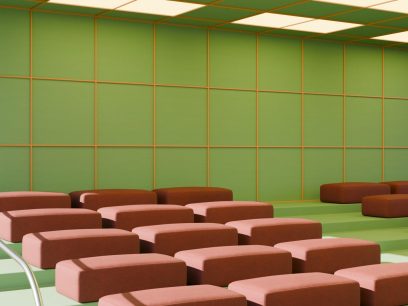 Red chairs in a green room, called The Forum designed by Thomas Trad, Dubai Design Week 2024