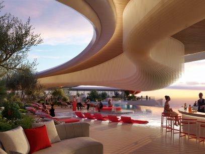 A pool with a large roof and a group of people with parametric design, featuring wave-like topology