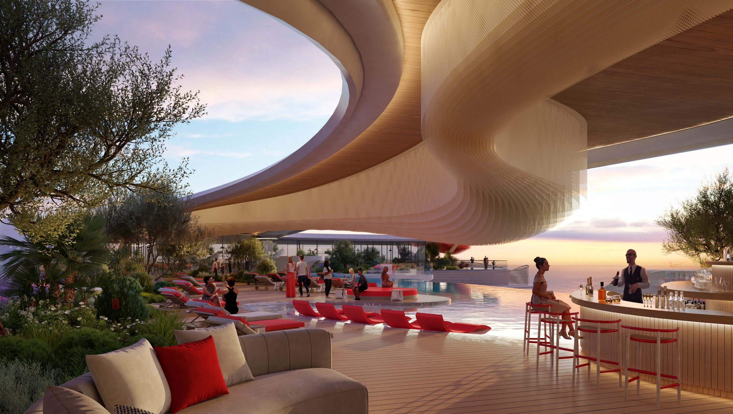 A pool with a large roof and a group of people with parametric design, featuring wave-like topology